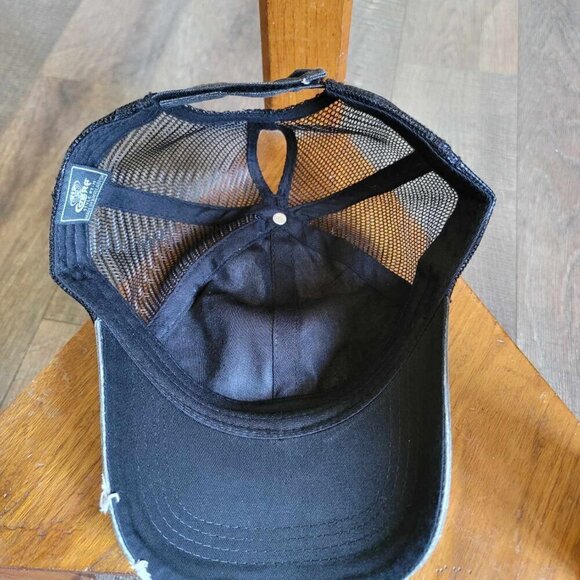 Distressed embroidered baseball hat with ponytail / Messy bun opening in back - Picture 3 of 5